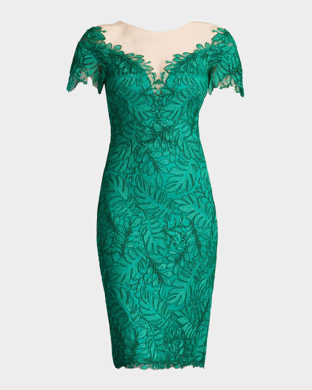 Leaf-Embroidered Bodycon Illusion Dress